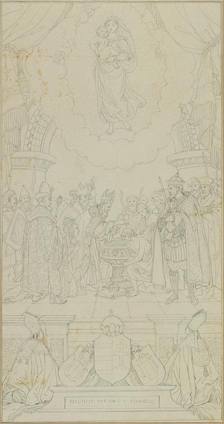 Johann Peter Krafft, Taufe des Stephan von Ungarn (Konturzeichnung zu einem Altarblatt), Bleist ...