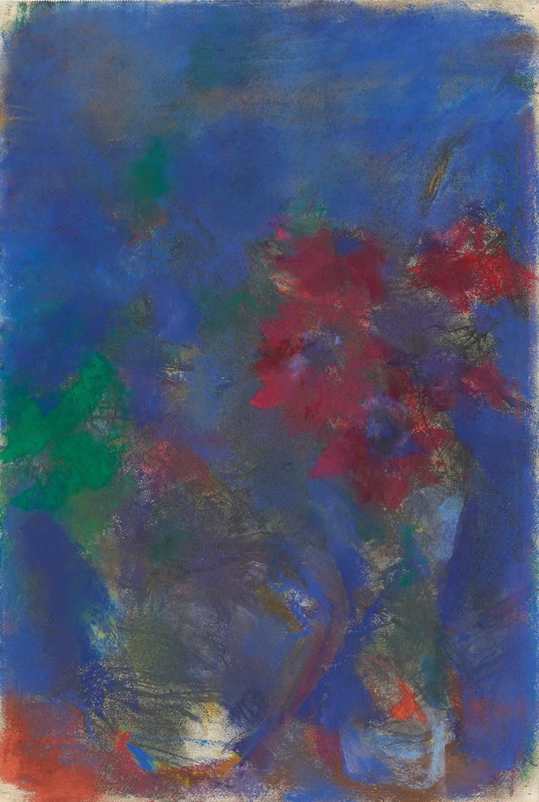 Gerhart Frankl, Rote Anemonen vor blauem Hintergrund, 1961, Pastell auf Papier, 55,5 × 37,2 cm, ...