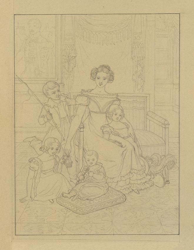 Johann Peter Krafft, Konturzeichnung einer Mutter mit vier Kindern, Bleistift auf Papier, 25,5  ...