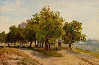 Friedrich Loos, Baumgruppe auf dem Kahlenberg mit Blick auf Wien, um 1840, Öl auf Papier auf Ka ...