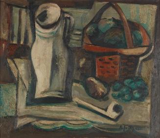 Alfréd Justitz, Stillleben mit weißem Krug und Obstkorb, 1931, Öl, 45 × 52,5 cm, Dauerleihgabe  ...