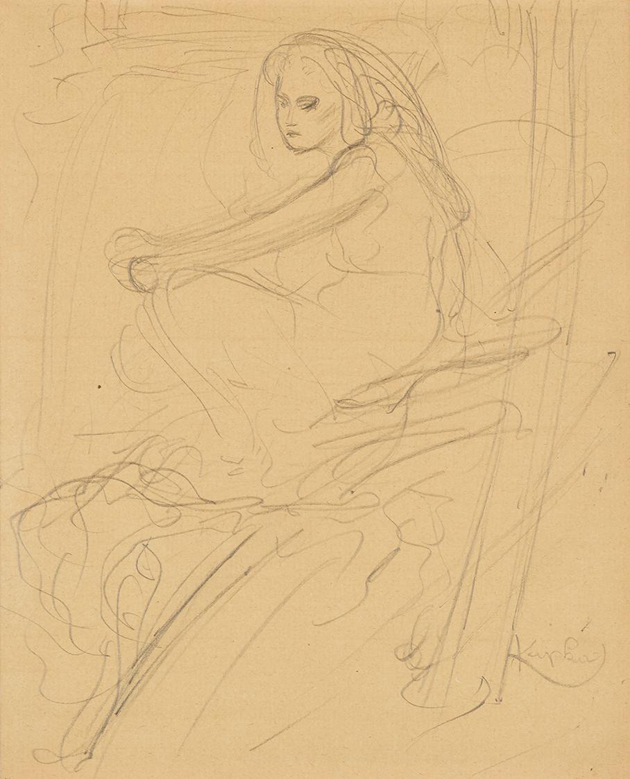 František Kupka, Sitzendes Mädchen, 1905, Bleistift auf Papier, 20 × 16 cm, Dauerleihgabe Samml ...