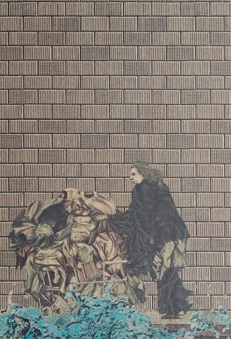Hans Weigand, Bag Lady aus dem 16. Jh., 2015, Mischtechnik auf Holzdruckstock, 250 × 170 cm, Be ...