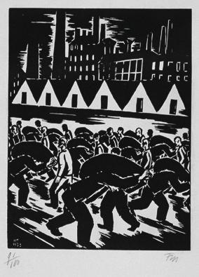 Frans Masereel, Arbeiter vor Fabrik (aus der Folge "Expiations", Paris), 1933, Holzschnitt, Pla ...
