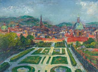 Gerhart Frankl, Blick vom Belvedere auf Wien (Landschaft I), 1948, Öl und Tempera auf Leinwand, ...