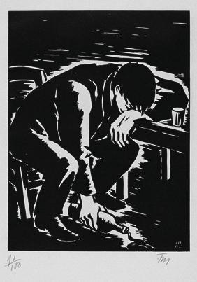 Frans Masereel, Trinker am Tisch (aus der Folge "Expiations", Paris), 1933, Holzschnitt, Platte ...