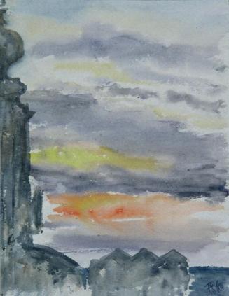 Fritzi Ecker-Houdek, Sonnenaufgang auf Rhodos, 1958, Wasserfarbe auf Papier, 22 x 16,5 cm, Belv ...