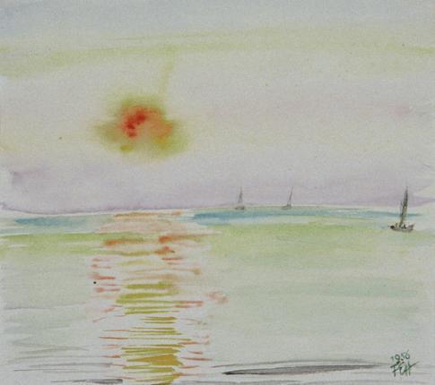 Fritzi Ecker-Houdek, Caorle bei Sonnenaufgang, 1956, Wasserfarbe auf Papier, 15 x 17 cm, Belved ...