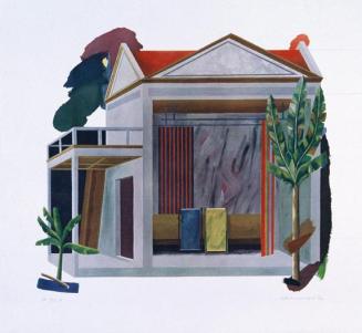 Peter Atanasov, Übergiebeltes Haus hinter Palmen, 1986, Farblithografie, 70 x 74 cm, Belvedere, ...