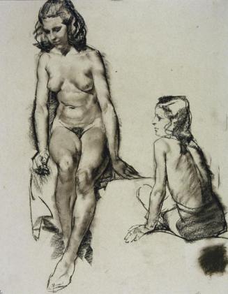 Arthur Brusenbauch, Doppelakt, 1952, Braune und schwarze Kohle, Bleistift auf Papier, 49,5 x 39 ...