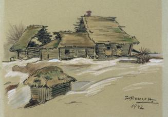 Fritz-Rocca-Humpoletz, Hütten in Rußland, 1942, Kohle und Pastellkreide auf Papier, 35 x 50 cm, ...