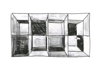Esther Stocker, Entwurf zum Display für die Ausstellung "Utopie Gesamtkunstwerk", 2011, Aquarel ...