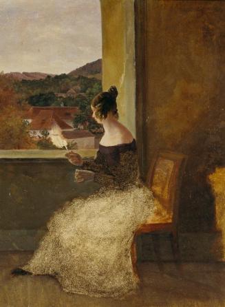 Friedrich Loos, Dame am Fenster mit Spinnrocken, Öl auf Papier auf Karton, 29,5 x 23,5 cm, Belv ...