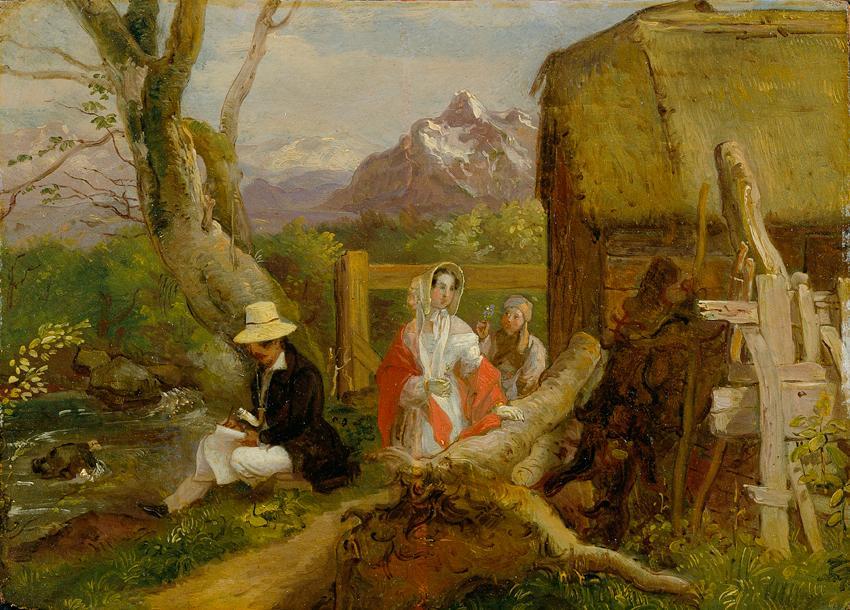 Franz Krammer, Der Maler und Spaziergänger in der Landschaft ("Idyll"), um 1830/1834, Öl auf Ho ...