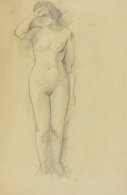 Anny Dollschein, Stehender weiblicher Akt, Kohle, 43,7 × 27,7 cm, Belvedere, Wien, Inv.-Nr. 110 ...