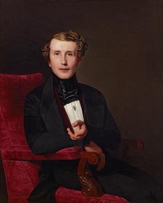 Ferdinand Georg Waldmüller, Junger Herr in schwarzer Kleidung auf rotem Lehnstuhl, 1842, Öl auf ...