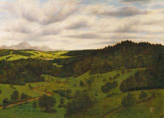 Karl Haider, Oberbayrische Landschaft bei Schliersee mit dem Wendelstein, 1896, Öl auf Holz, 73 ...
