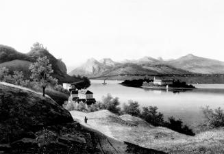 Flußlandschaft mit altem Schloß und Raddampfer, um 1850, Öl auf Leinwand, 68 x 97 cm, Belvedere ...