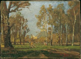 Tina Blau, Im Prater bei der Rotunde, um 1885, Öl auf Leinwand, 33 x 45 cm, Belvedere, Wien, In ...