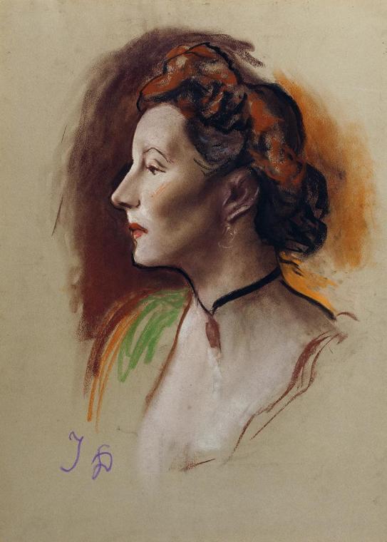 Josef Dobrowsky, Dame im Profil, 1953, Pastell auf getöntem Papier, Passepartout-Maße (Ausschni ...