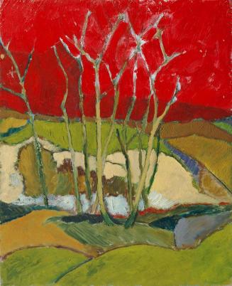 Erwin Reiter, Landschaft mit rotem Himmel, 1959, Öl auf Holzfaserplatte, 48 x 39 cm, Artothek d ...