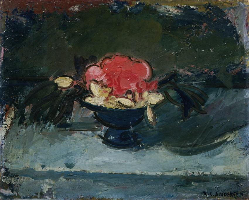Robin Christian Andersen, Kleines Stillleben mit roter Blüte, Öl auf Karton, 32 x 39,5 cm, Belv ...