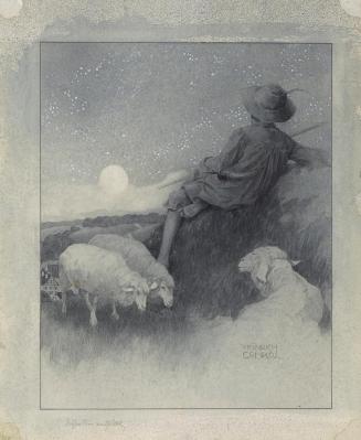 Heinrich Comploj, Der Schäfer, um 1910, Aquarell in Grisaille, Deckweiß auf Karton, 36,3 × 30 c ...