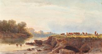 Albert Zimmermann, Flusslandschaft mit Kuhherde, undatiert, Gouache, 12,5 × 23,3 cm, Schenkung  ...