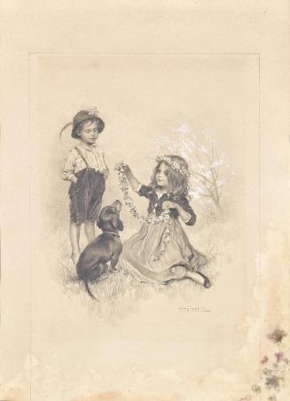 Karl Ludwig Prinz, Zwei Kinder auf Wiese mit Blumen und Dackel spielend, um 1900, Bleistift, we ...