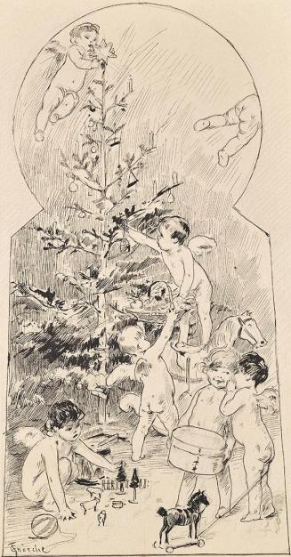 Carl Fröschl, Engerln, Christbaum putzend, um 1900, Tusche über Bleistift auf Papier, 28 × 15 c ...