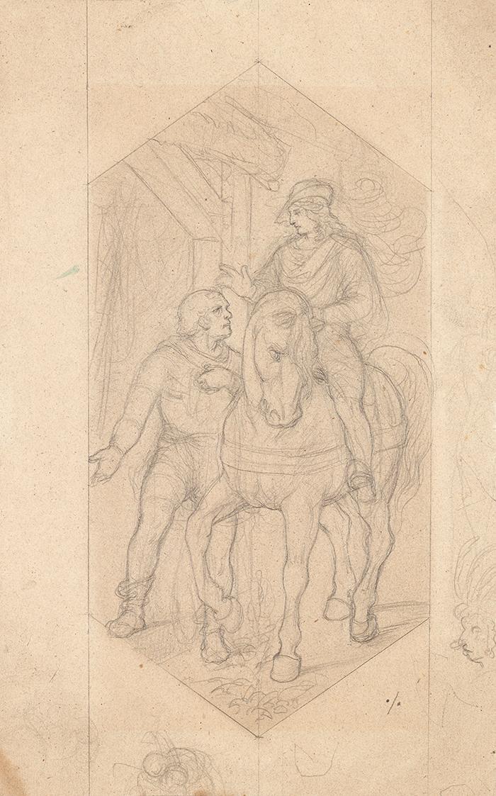 Zuschreibung an Joseph von Führich, Reiter und Mann zu Fuß, Bleistift auf Papier, 28,2 × 17,8 c ...