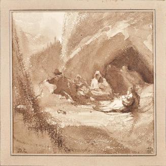 Unbekannter Künstler, Rast im Gebirge, nach 1850, Sepia-Aquarell auf Papier, 14 × 13,9 cm, Sche ...