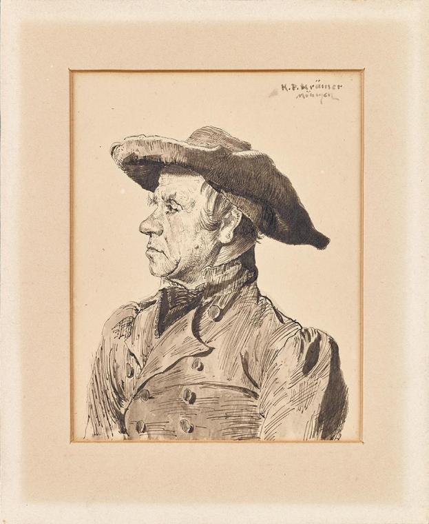 Peter K. Krämer, Männerbrustbild in Gehrock und breitkrempigem Hut, um 1870, Tusche auf Papier, ...