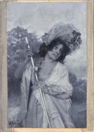 Max Levis, Mädchen mit Spitzenschal und Hut auf Wiese, 1902, Öl auf Papier, kaschiert auf Karto ...