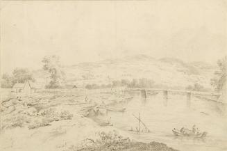 Landschaft am Fluss, mit Brücken und Booten, 18. Jahrhundert, Bleistift auf Papier, 25 × 36,8 c ...