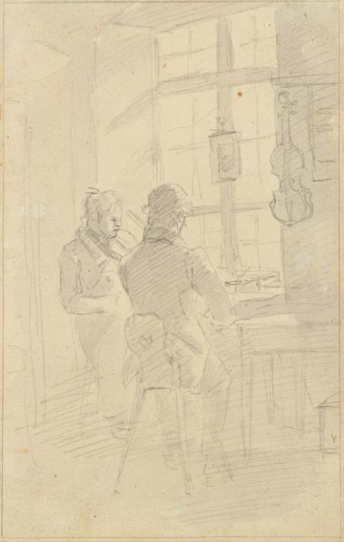 Friedrich August Mathias Gauermann, Zwei Männer Violine spielend, undatiert, Bleistift auf Papi ...