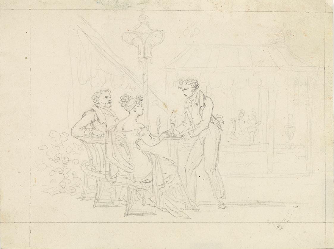 Unbekannter Künstler, Biedermeier-Paar in Café, Kellner serviert Eis, 1800/1850, Bleistift auf  ...